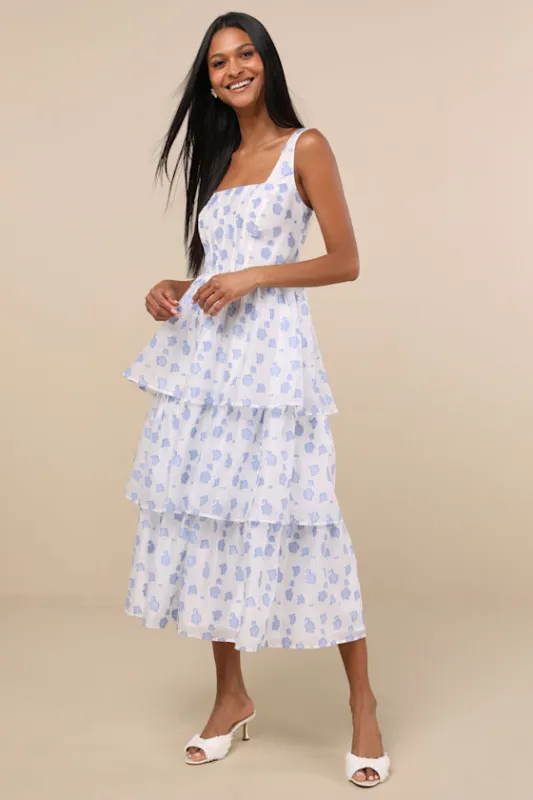 Sweet Potential Blue and White Floral Burnout Tiered Midi Dress made by Lulus