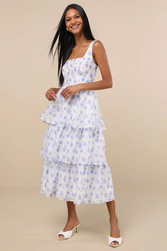 Sweet Potential Blue and White Floral Burnout Tiered Midi Dress sold by Lulus