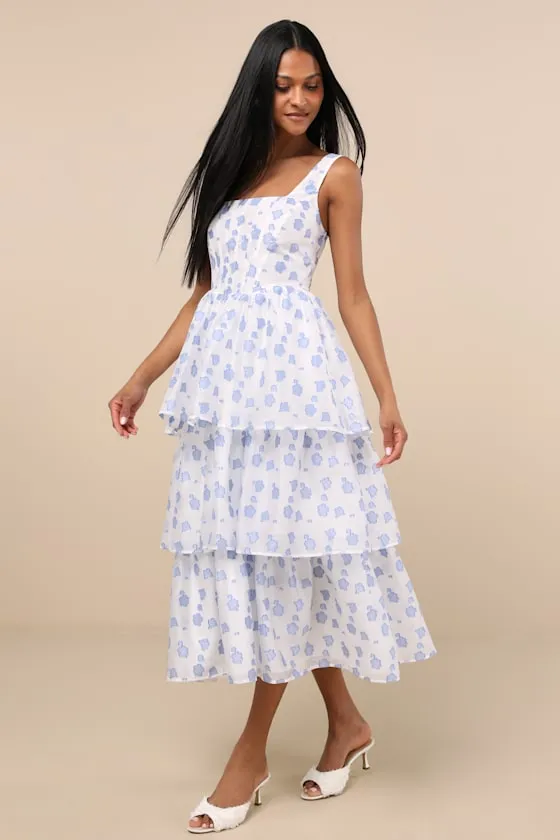 Sweet Potential Blue and White Floral Burnout Tiered Midi Dress sold by Lulus product image thumbnail 2