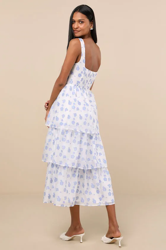Sweet Potential Blue and White Floral Burnout Tiered Midi Dress sold by Lulus product image thumbnail 3