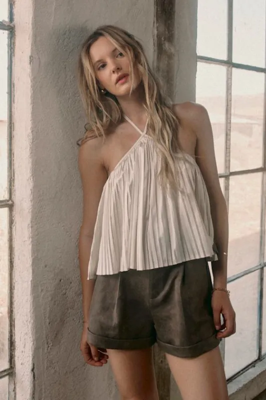 Nolyn Brown Suede Pleated High-Rise Shorts sold by Lulus