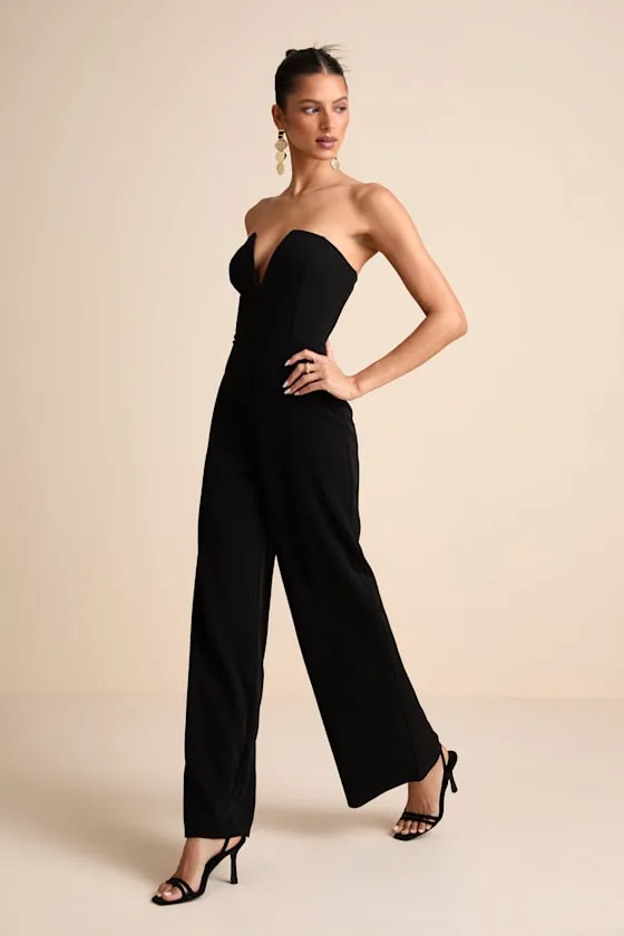 Cris Black Plunge Strapless Straight Leg Jumpsuit sold by Lulus