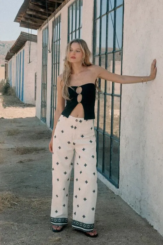 Elwen Cream and Black Linen Embroidered High-Rise Pants sold by Lulus