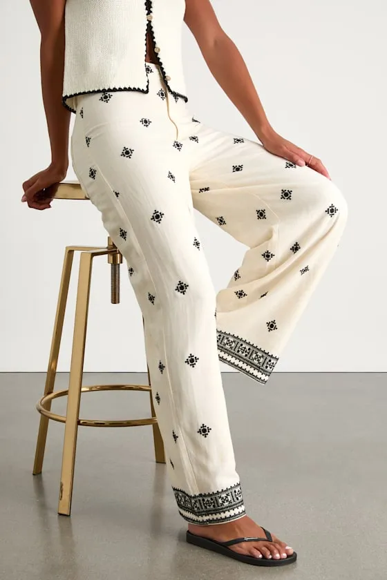 Elwen Cream and Black Linen Embroidered High-Rise Pants sold by Lulus product image thumbnail 2