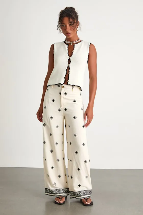 Elwen Cream and Black Linen Embroidered High-Rise Pants sold by Lulus product image thumbnail 3