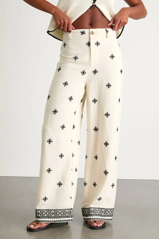Elwen Cream and Black Linen Embroidered High-Rise Pants sold by Lulus product image thumbnail 4