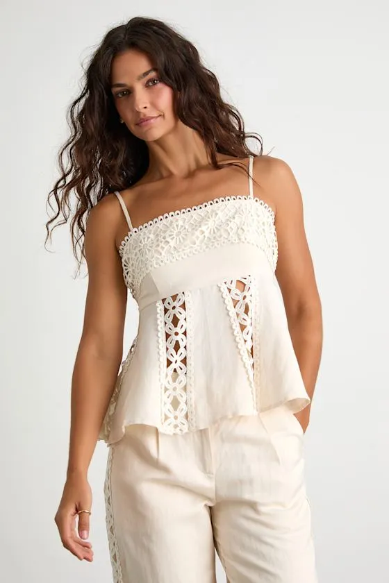 Vannah Ivory Linen Crochet Lace Tank Top sold by Lulus