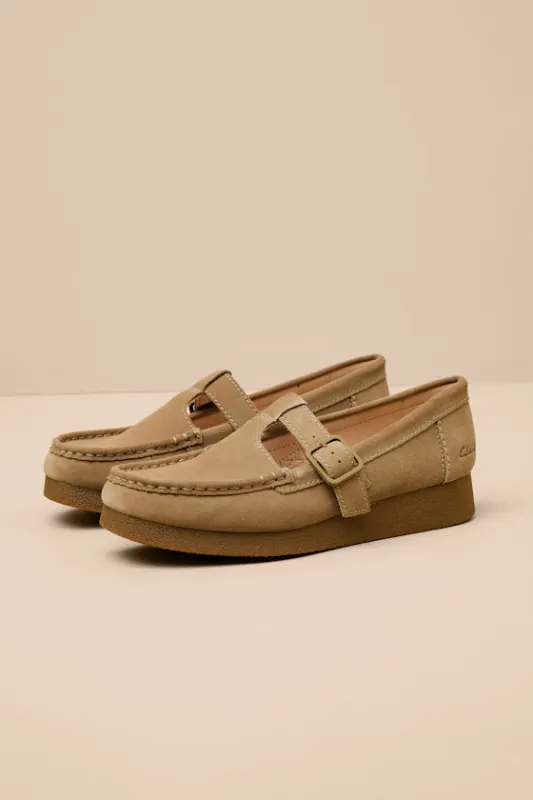 Wallabee T-Bar Dark Sand Suede Buckle Flats sold by Lulus