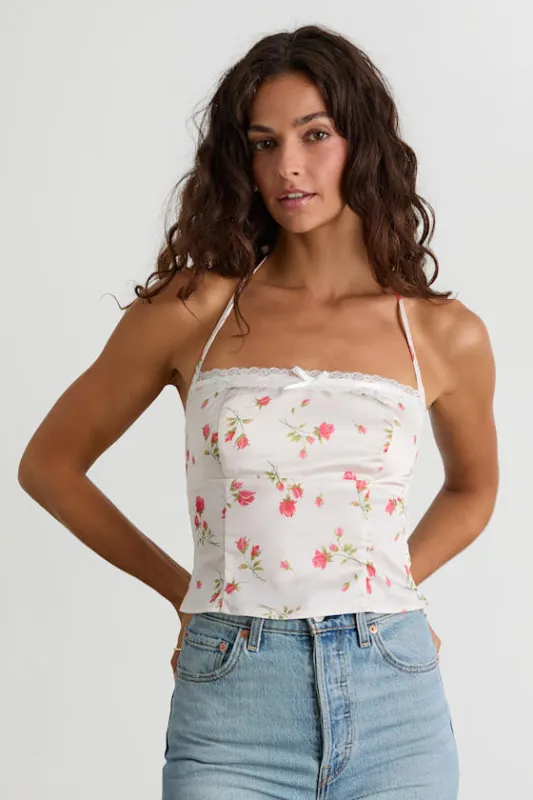 Demi White Floral Satin Halter Cami Top sold by Lulus