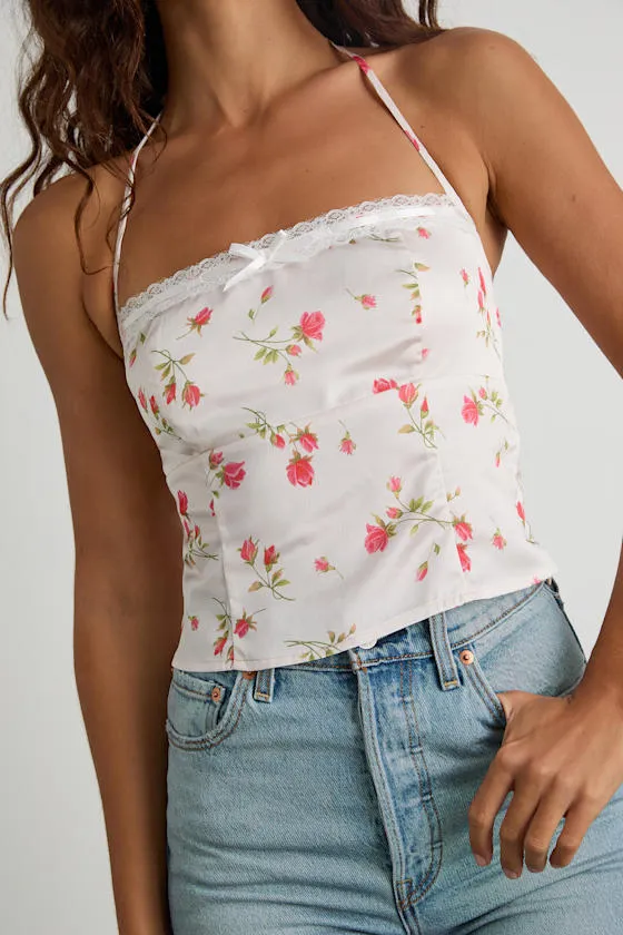 Demi White Floral Satin Halter Cami Top sold by Lulus product image thumbnail 2