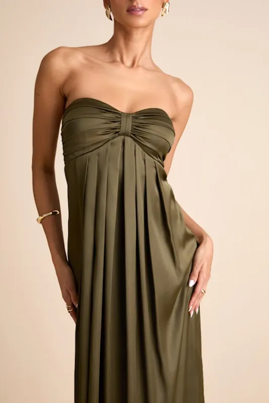 Memorable Entrance Olive Green Strapless Satin Maxi Dress sold by Lulus