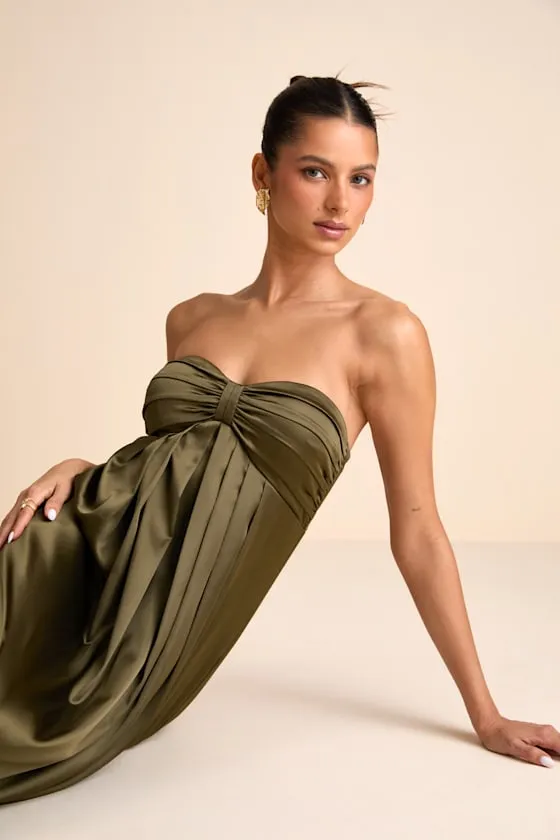 Memorable Entrance Olive Green Strapless Satin Maxi Dress sold by Lulus product image thumbnail 3