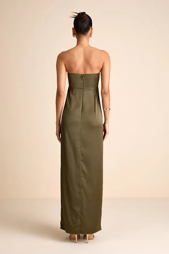 Memorable Entrance Olive Green Strapless Satin Maxi Dress sold by Lulus product image thumbnail 4