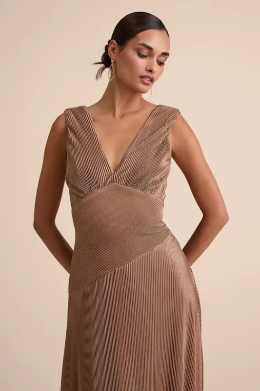 Renee Light Brown Satin Plisse V-Neck Maxi Dress sold by Lulus