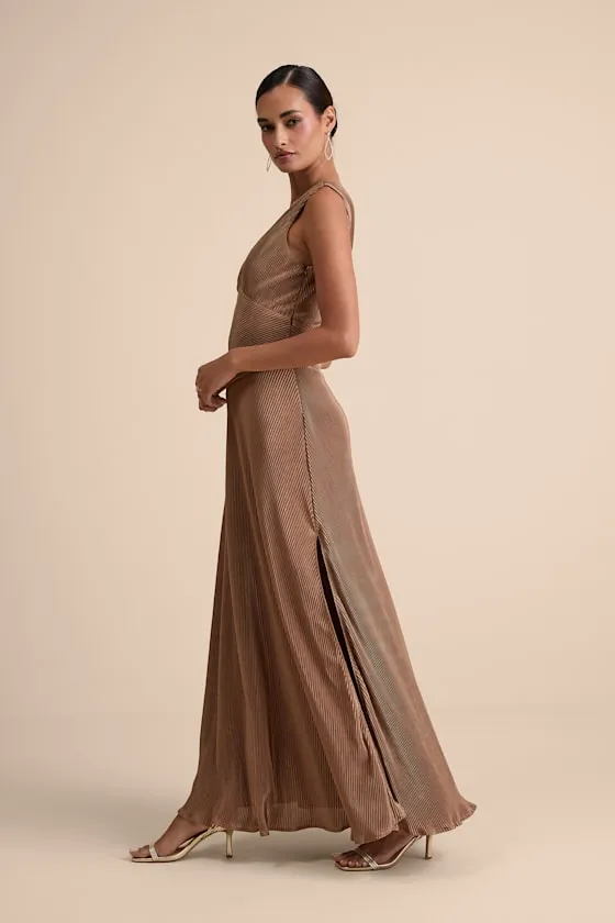 Renee Light Brown Satin Plisse V-Neck Maxi Dress sold by Lulus product image thumbnail 2
