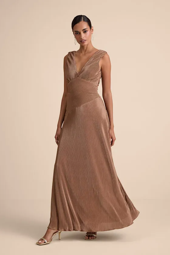 Renee Light Brown Satin Plisse V-Neck Maxi Dress sold by Lulus product image thumbnail 3