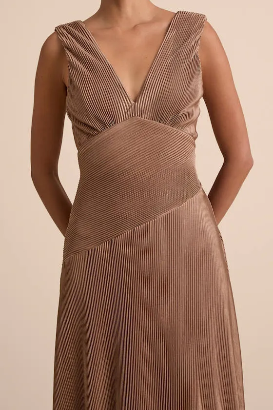 Renee Light Brown Satin Plisse V-Neck Maxi Dress sold by Lulus product image thumbnail 4