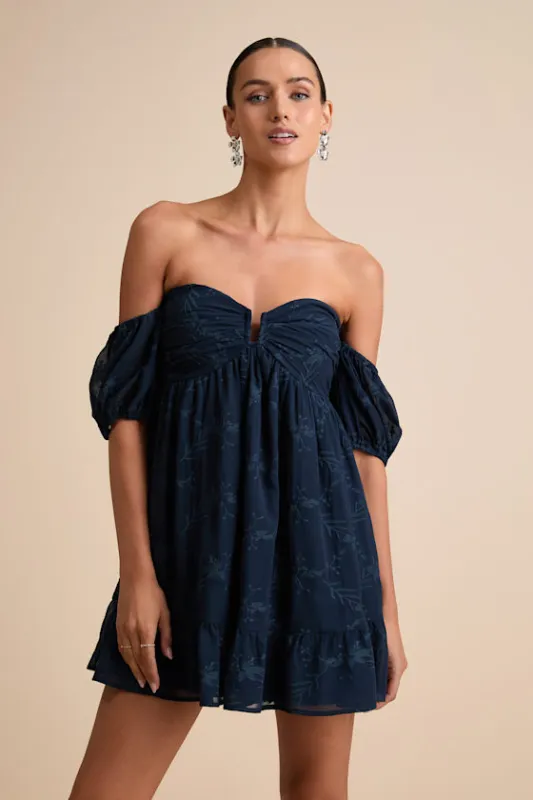 Cutest Icon Navy Embroidered Off-the-Shoulder Mini Dress sold by Lulus
