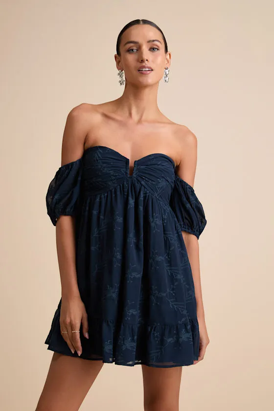 Cutest Icon Navy Embroidered Off-the-Shoulder Mini Dress sold by Lulus
