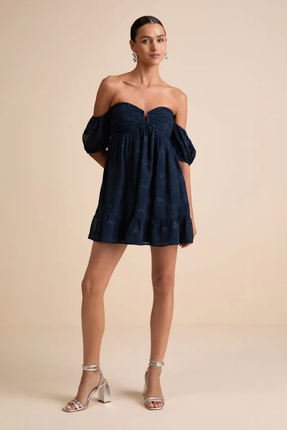 Cutest Icon Navy Embroidered Off-the-Shoulder Mini Dress sold by Lulus product image thumbnail 3
