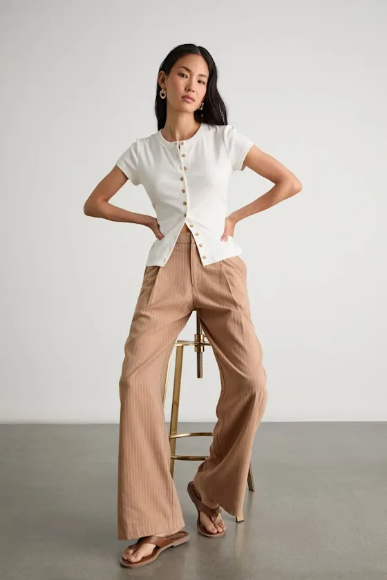 Siyana Tan Pinstriped Linen Straight Leg Trouser Pants sold by Lulus