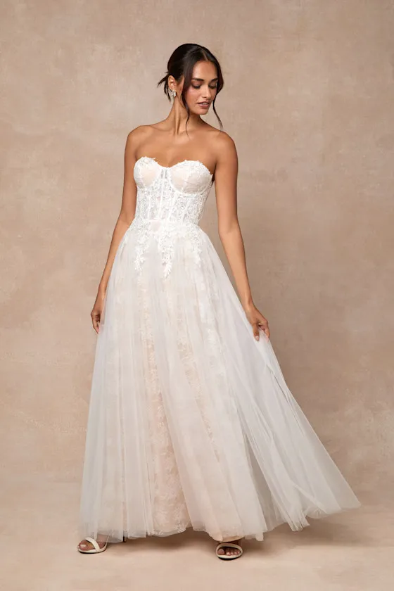 Colette White and Beige Lace Bustier Maxi Dress sold by Lulus