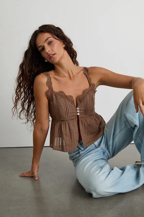 Yanika Brown Eyelet Lace Tank Top sold by Lulus