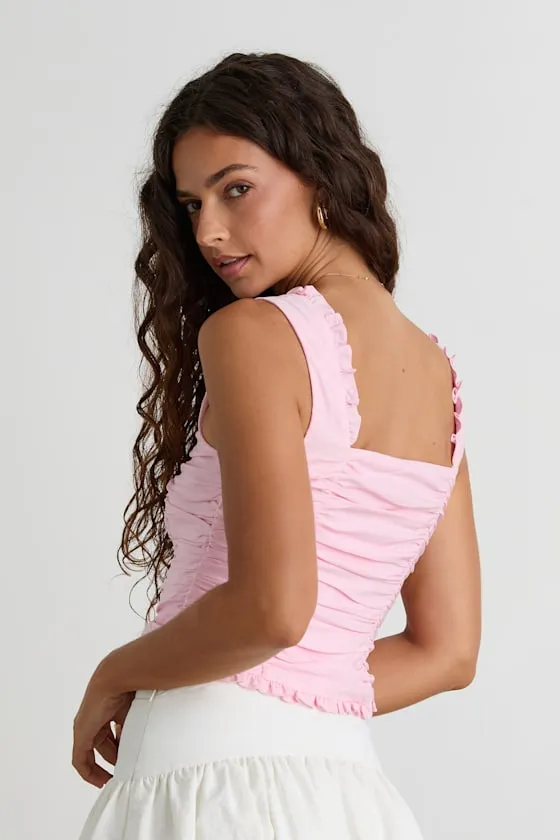 Rachael Light Pink Ruched Button-Front Tank Top sold by Lulus product image thumbnail 3