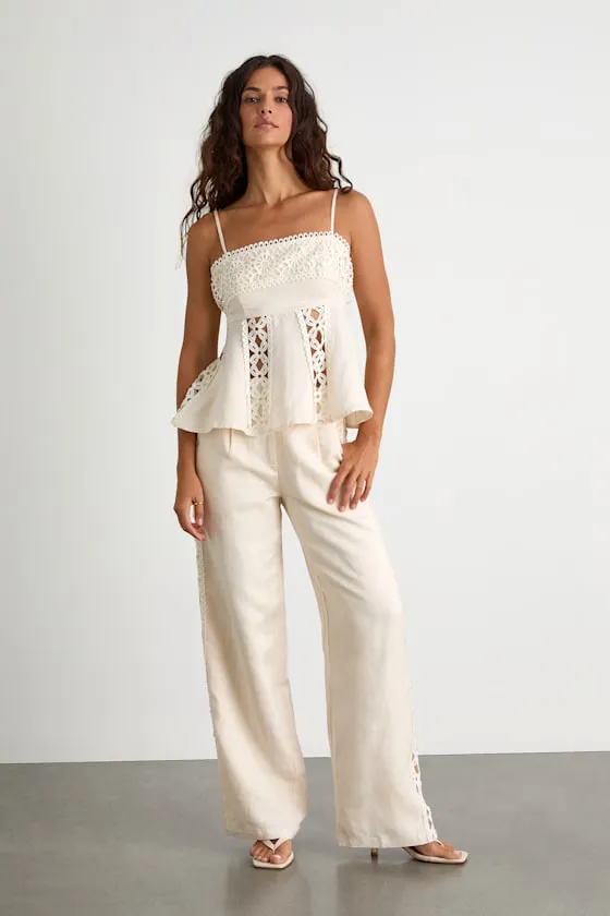 Vannah Ivory Linen Crochet Lace Wide-Leg Pants sold by Lulus