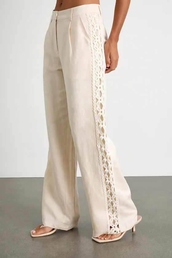 Vannah Ivory Linen Crochet Lace Wide-Leg Pants sold by Lulus product image thumbnail 2