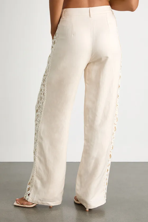 Vannah Ivory Linen Crochet Lace Wide-Leg Pants sold by Lulus product image thumbnail 3
