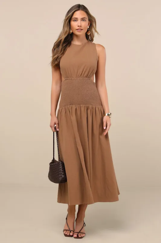 Melina Light Brown Backless Drop Waist Midi Dress sold by Lulus