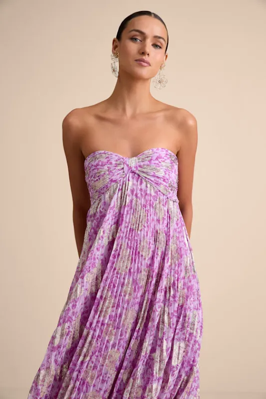 Lynwen Light Purple Abstract Pleated Strapless Maxi Dress sold by Lulus