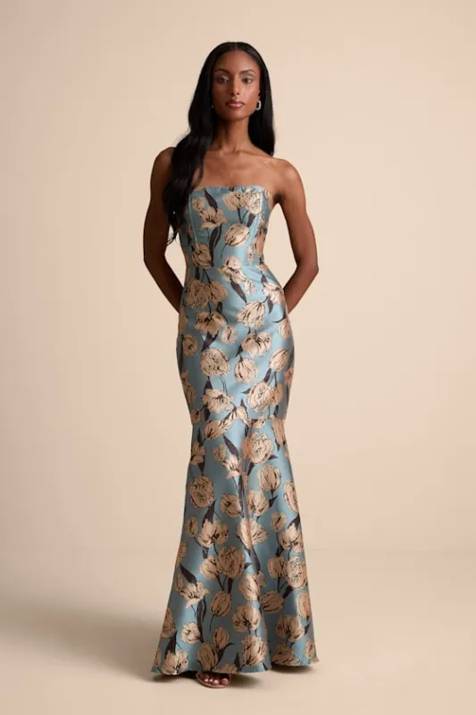 Gowning Around Slate Blue Floral Jacquard Strapless Maxi Dress sold by Lulus