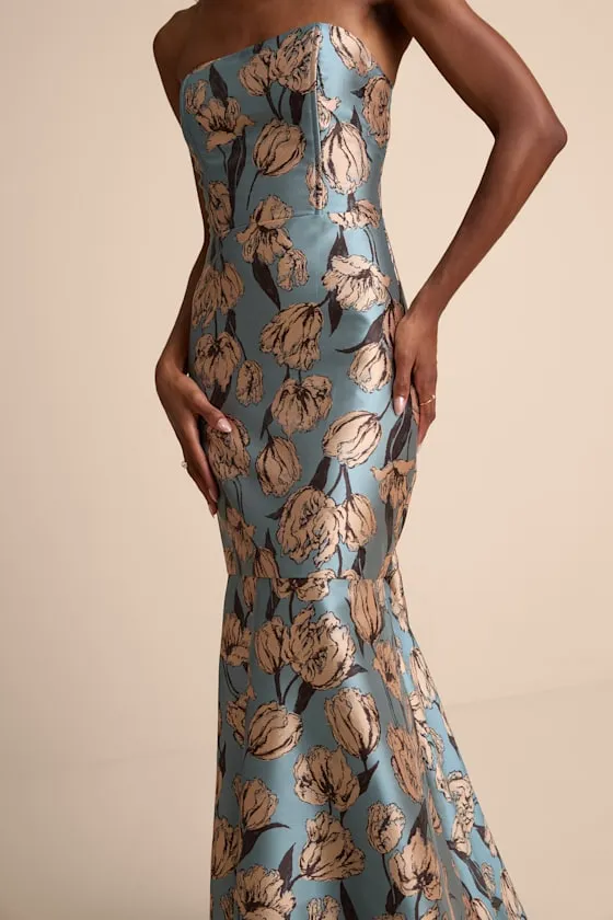 Gowning Around Slate Blue Floral Jacquard Strapless Maxi Dress sold by Lulus product image thumbnail 2
