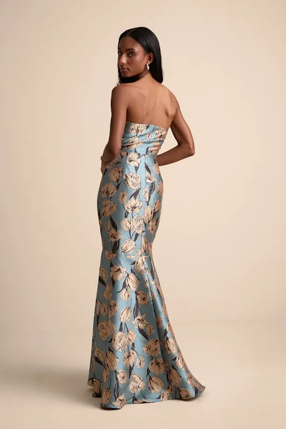 Gowning Around Slate Blue Floral Jacquard Strapless Maxi Dress sold by Lulus product image thumbnail 3