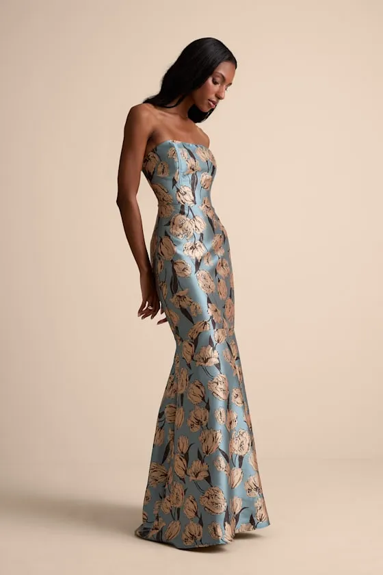 Gowning Around Slate Blue Floral Jacquard Strapless Maxi Dress sold by Lulus product image thumbnail 4