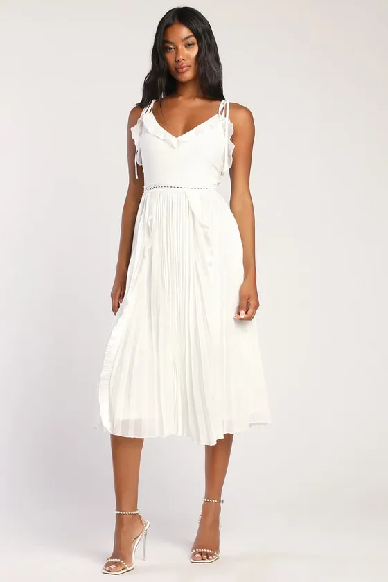 Never a Dull Moment White Tie-Strap Pleated Midi Dress sold by Lulus