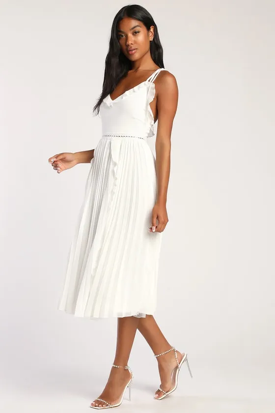 Never a Dull Moment White Tie-Strap Pleated Midi Dress sold by Lulus product image thumbnail 2