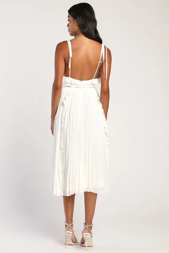 Never a Dull Moment White Tie-Strap Pleated Midi Dress sold by Lulus product image thumbnail 3