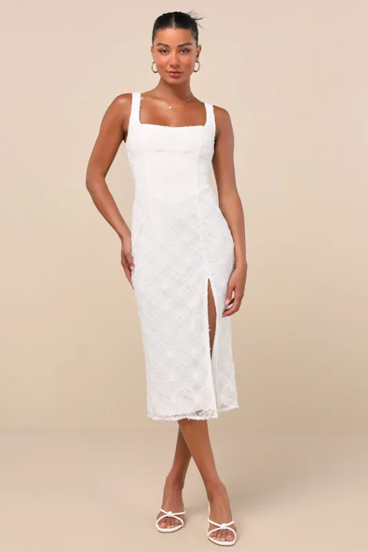 Kalani White Mesh Textured Midi Dress sold by Lulus
