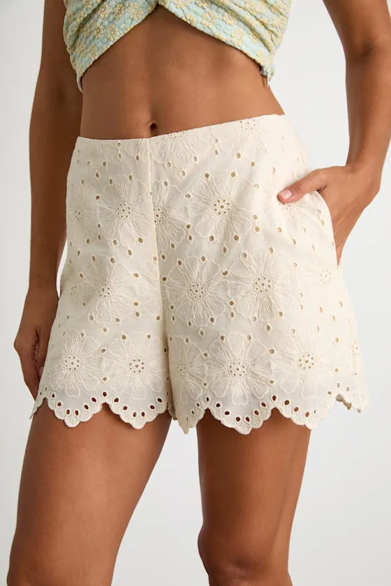 Tenille Cream Eyelet Embroidered Scalloped High-Rise Shorts sold by Lulus product image thumbnail 3