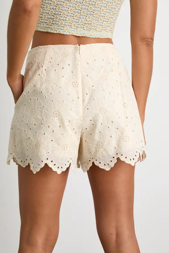 Tenille Cream Eyelet Embroidered Scalloped High-Rise Shorts sold by Lulus product image thumbnail 4