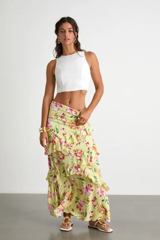 Revina Lime Green Floral Ruffled High-Rise Maxi Skirt sold by Lulus