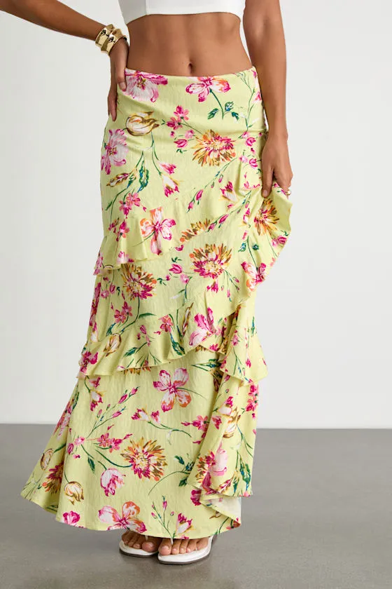 Revina Lime Green Floral Ruffled High-Rise Maxi Skirt sold by Lulus product image thumbnail 2