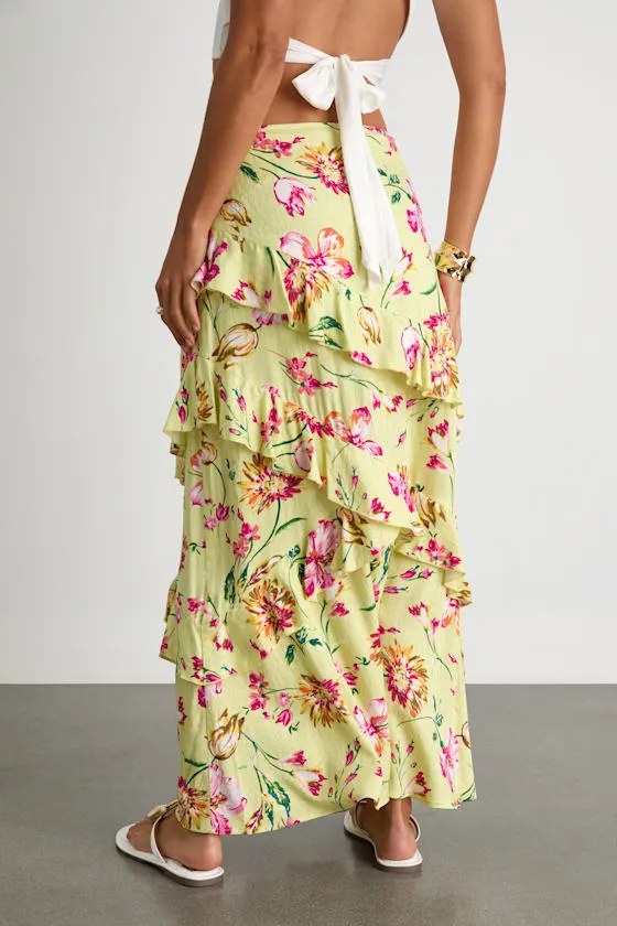 Revina Lime Green Floral Ruffled High-Rise Maxi Skirt sold by Lulus product image thumbnail 3