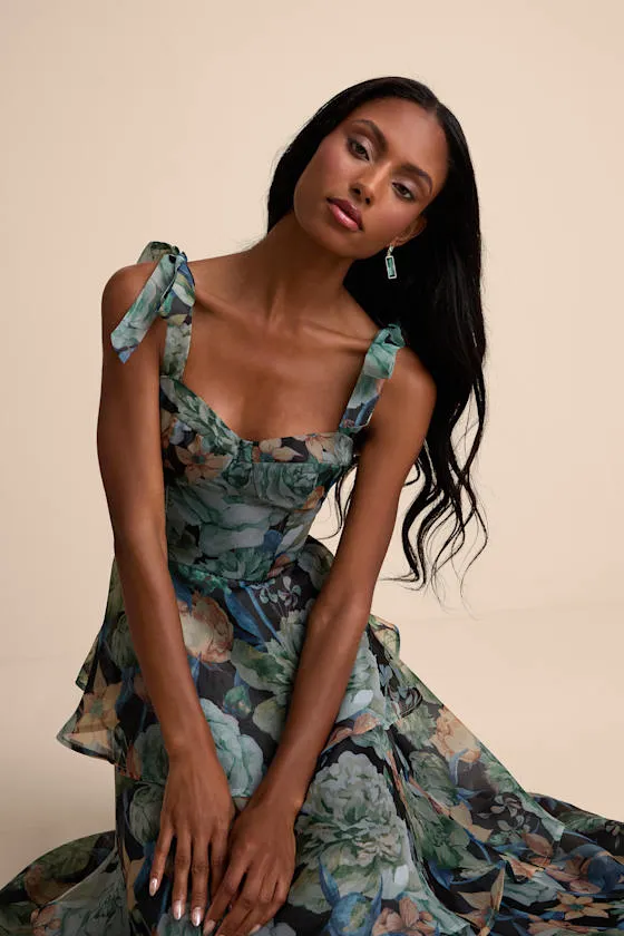 Playfully Posh Black Floral Organza Tie-Strap Tiered Midi Dress sold by Lulus