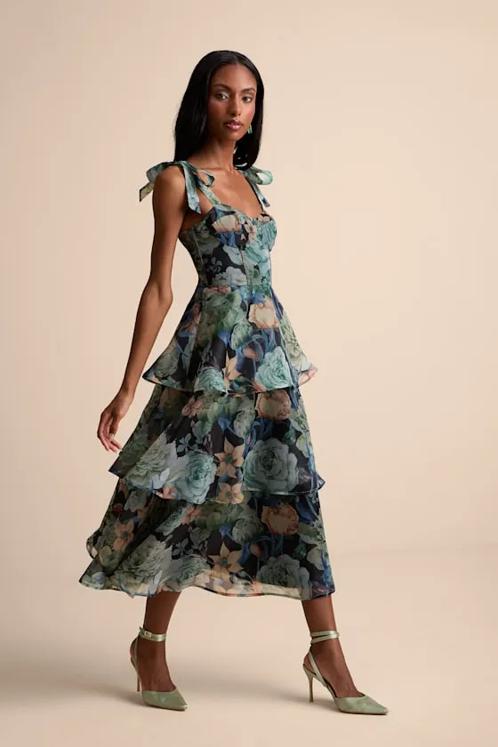 Playfully Posh Black Floral Organza Tie-Strap Tiered Midi Dress sold by Lulus product image thumbnail 2