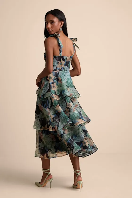 Playfully Posh Black Floral Organza Tie-Strap Tiered Midi Dress sold by Lulus product image thumbnail 3