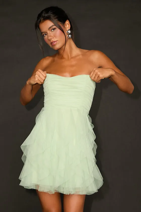 Delightful Beauty Mint Green Mesh Strapless Ruffled Mini Dress sold by Lulus
